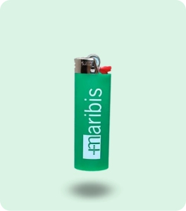 Green Maribis-branded lighter with a red ignition tab displayed on a soft mint-green background, representing marijuana accessories.