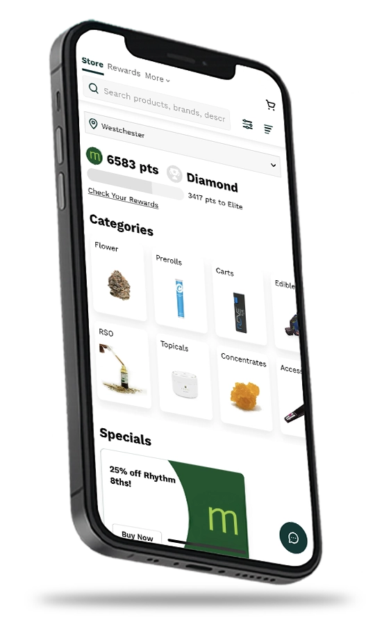 Smartphone displaying the Maribis mobile ordering app interface with cannabis product categories, rewards points, and specials on screen, representing online ordering and loyalty features for Maribis marijuana dispensaries in the greater Chicago, Illinois area.