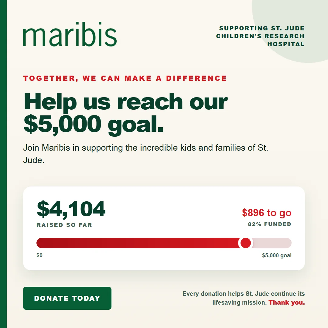 Maribis St. Jude fundraiser progress: $4,104 raised toward a $5,000 goal